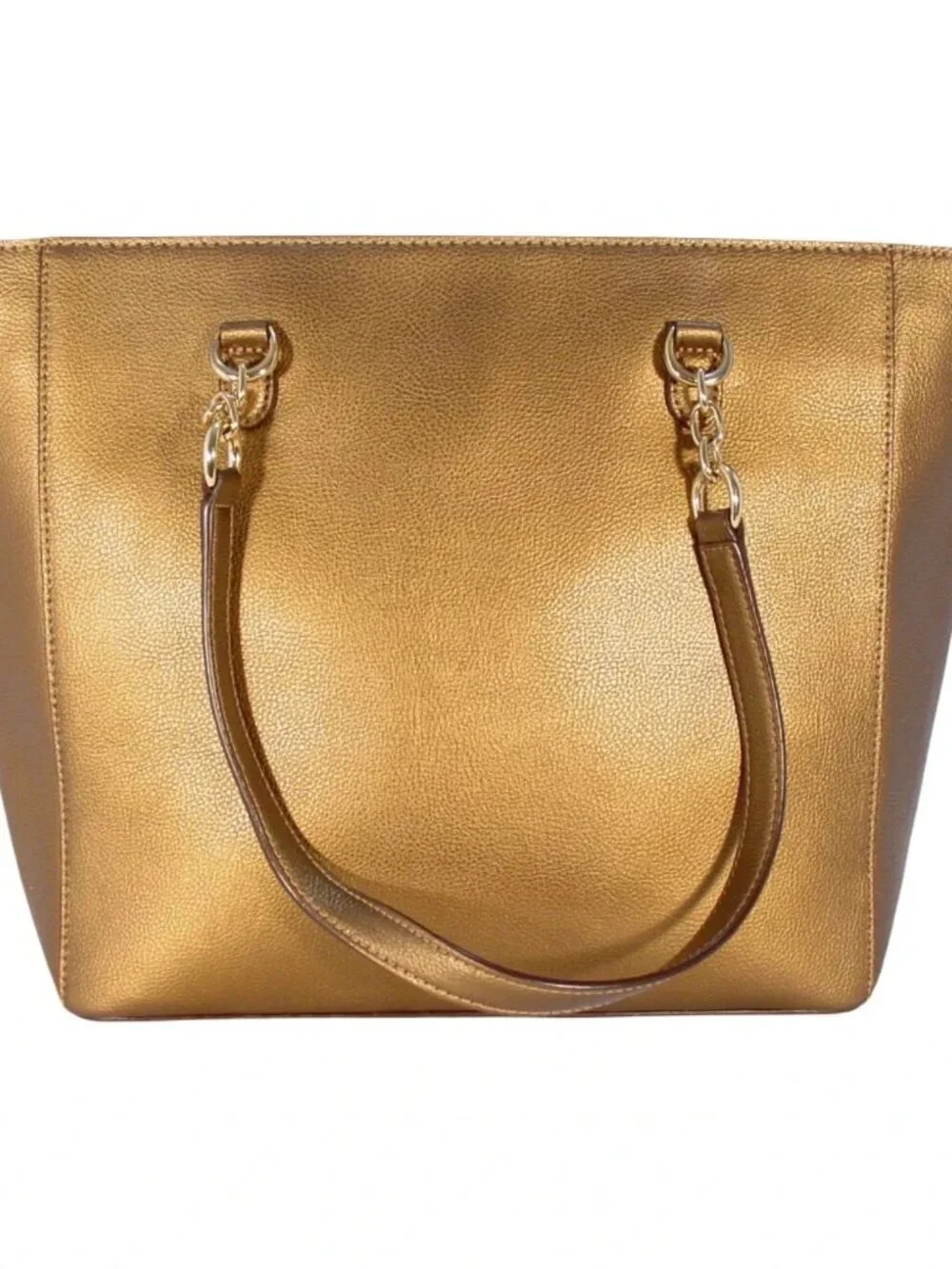 RLL Lauren Ralph Lauren Large Metallic Bronze Gold Leather Zip Tote Bag - Picture 3 of 11